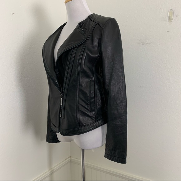 Michael Kors Genuine Leather Asymmetrical Zip Moto Jacket  Womens S Butter Black - Picture 6 of 17